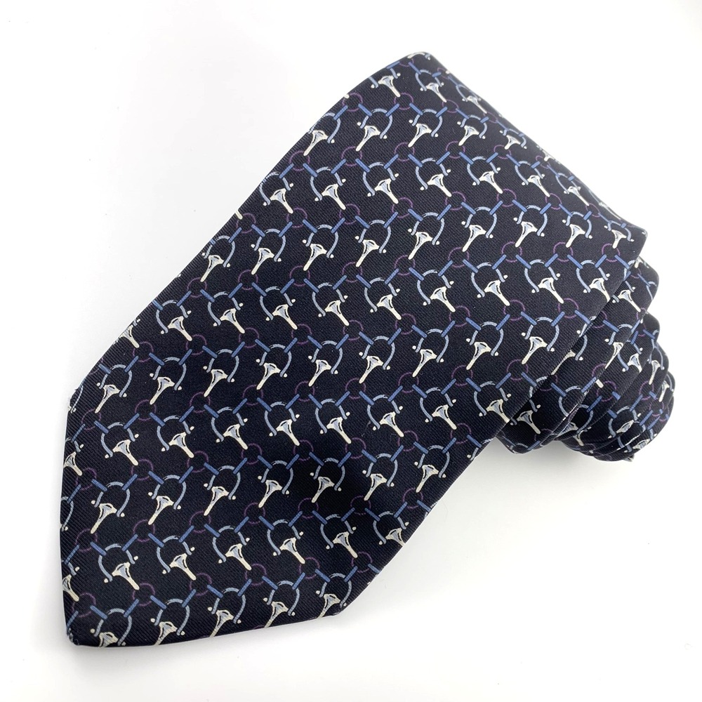Bert Pulitzer Mens Tie Black w Blue Equestrian Pattern Necktie‎ 100% Silk USA